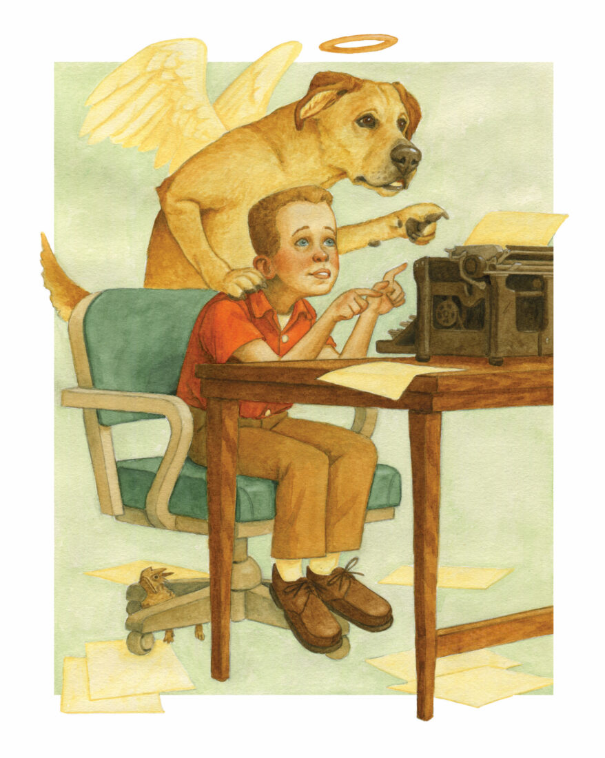 An illustration of a dog behind a boy at a typewriter