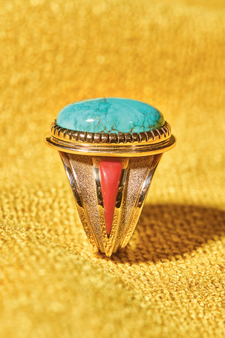 Lone Mountain turquoise and Mediterranean coral set in fourteen-karat gold