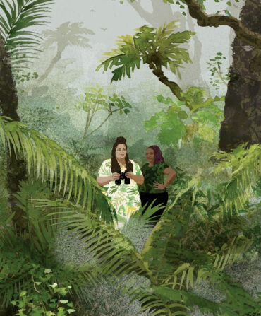 An illustration of two women standing in a foggy rainforest