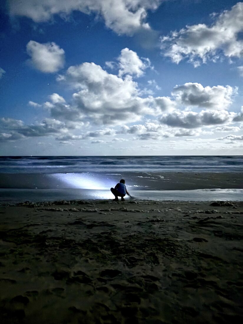 A boy crouches by the shoreline under a night sky