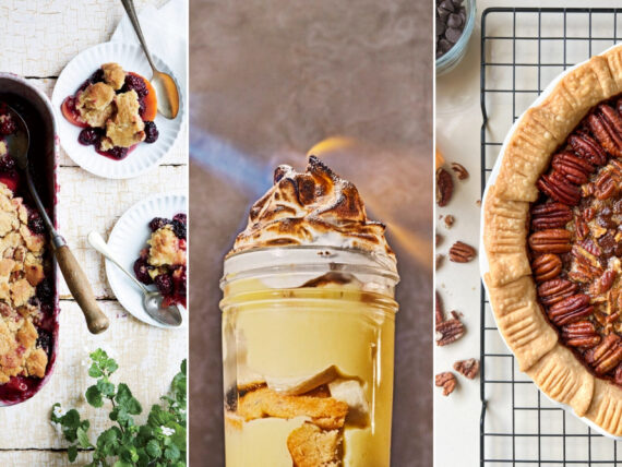 blackberry cobbler, banana pudding, pecan pie