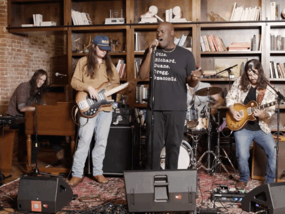 A band performs in a library