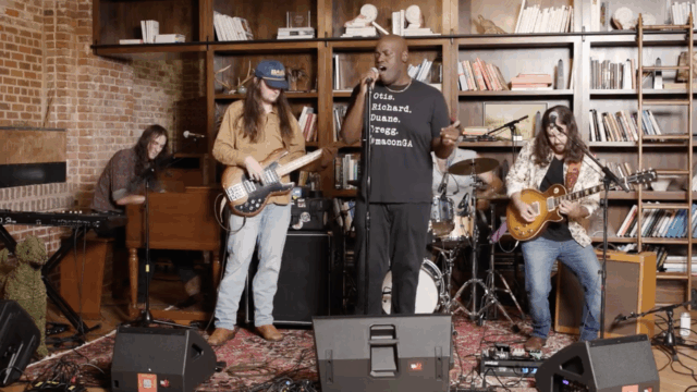 A band performs in a library