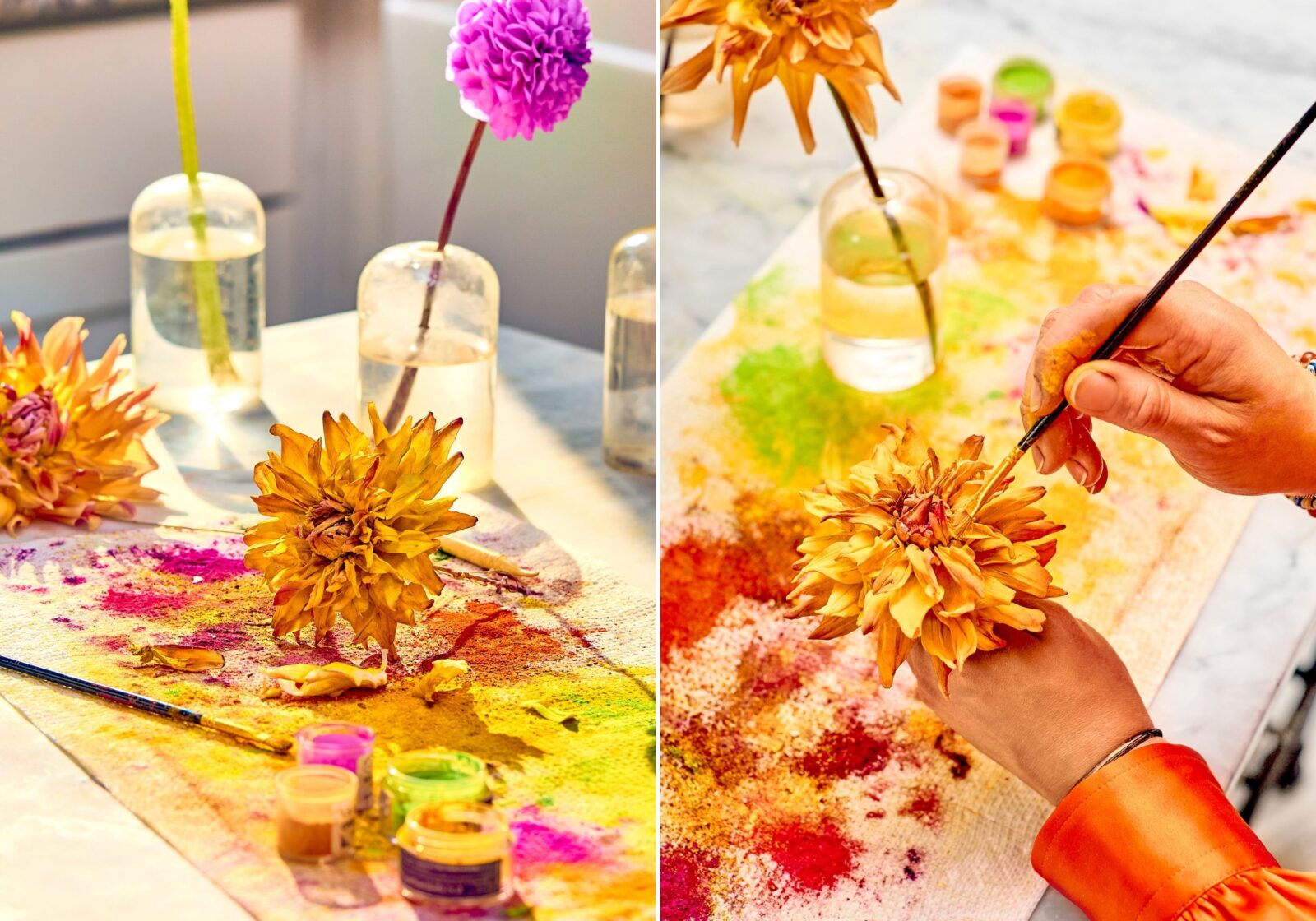 A paper towel with colorful spots of dry pigment and flowers