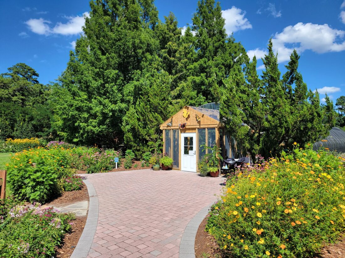 A butterfly house in a garden
