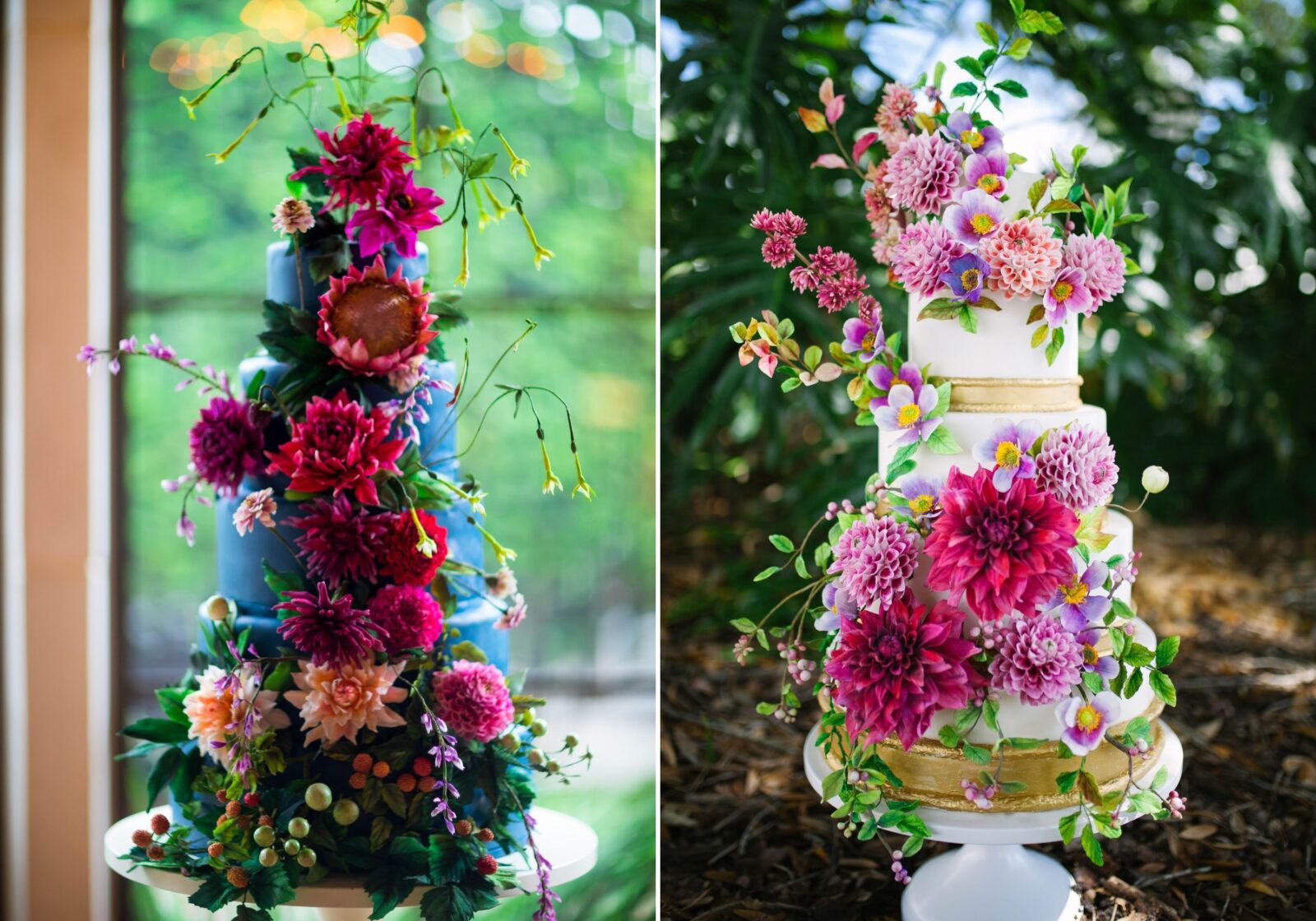 Two cakes with hyperrealistic flowers
