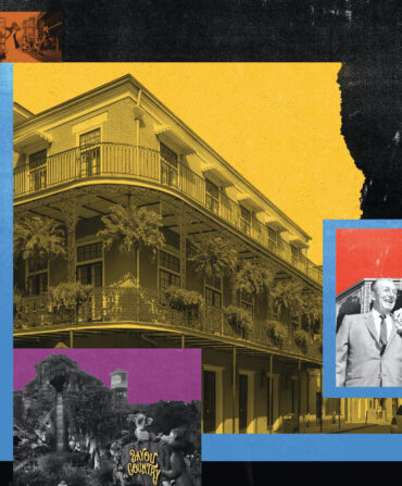 A collage of New Orleans buildings and people with photos and paper layover over top of each other