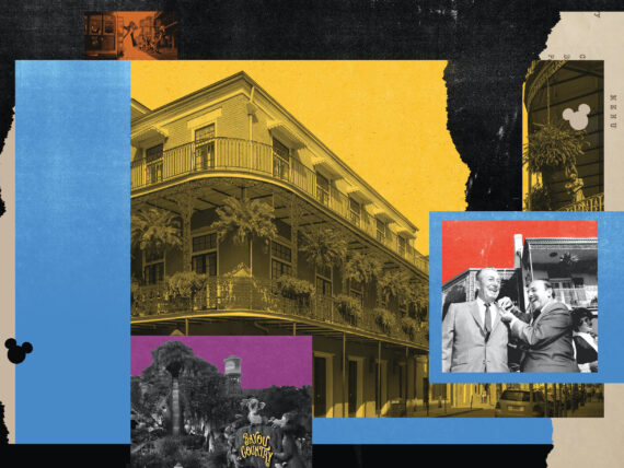 A collage of New Orleans buildings and people with photos and paper layover over top of each other