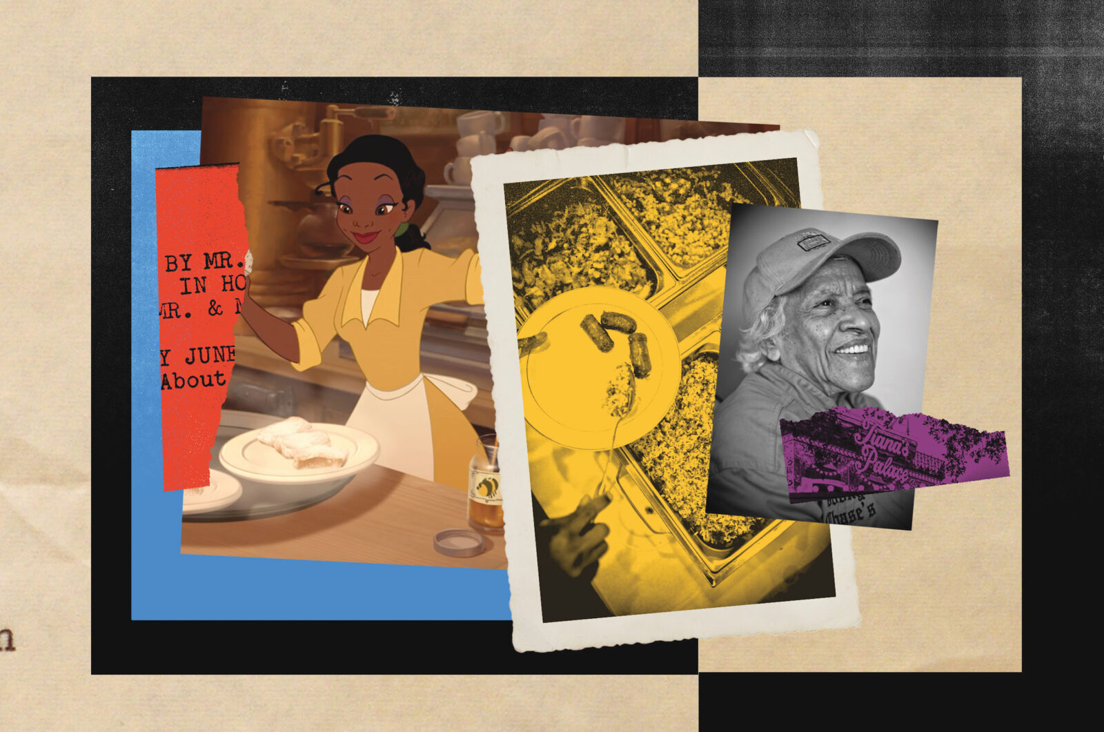A layered collage of Tiana from Princess and the Frog with a photo of Leah Chase