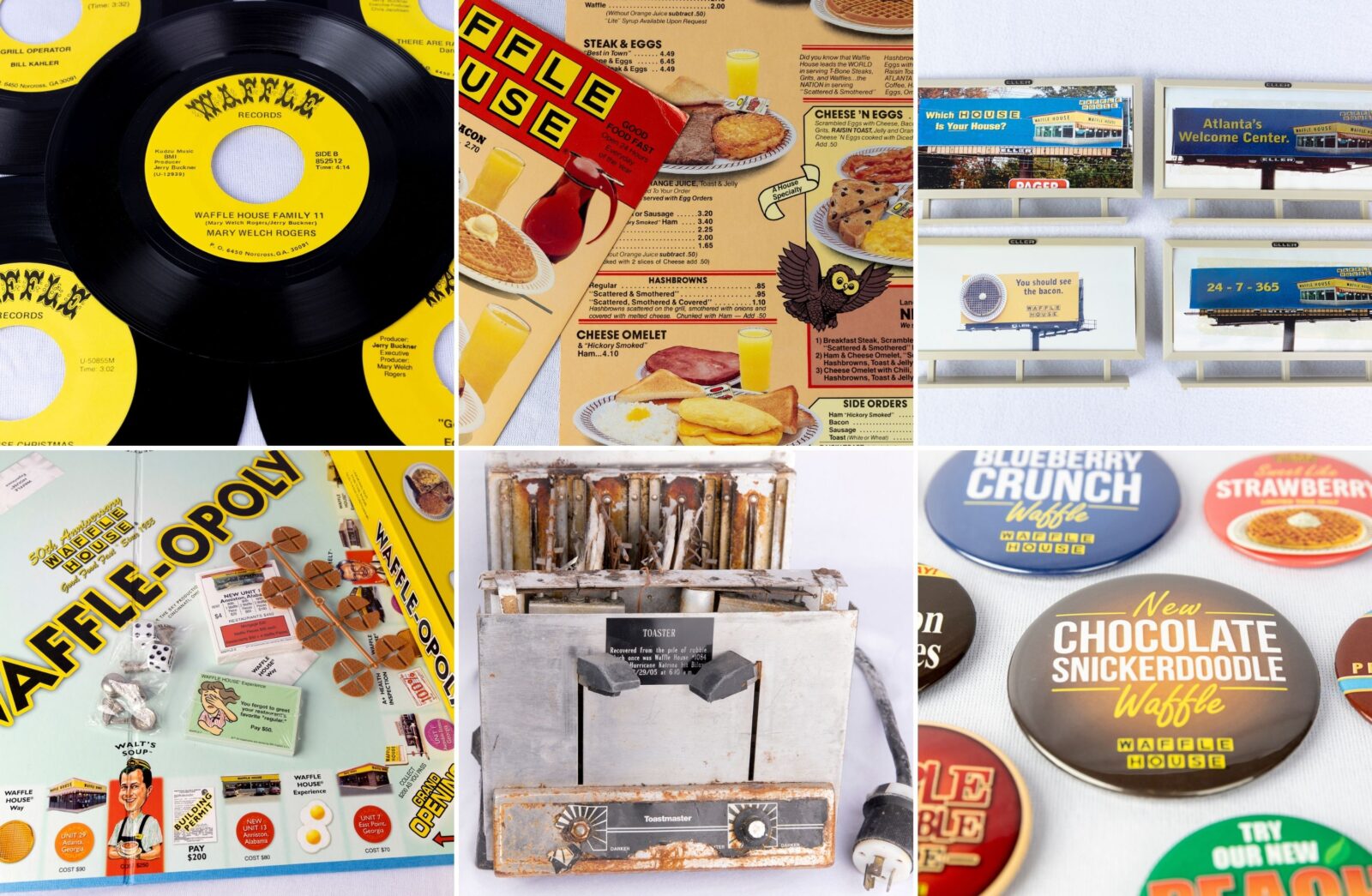A six-grid collage of Waffle House objects