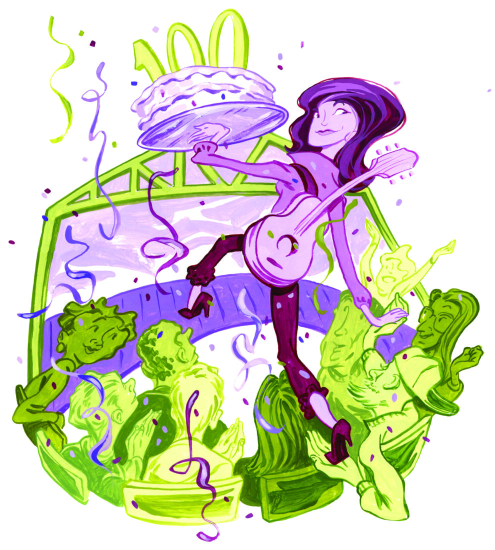 an illustration of a guitarist holding a birthday cake with 100 atop it