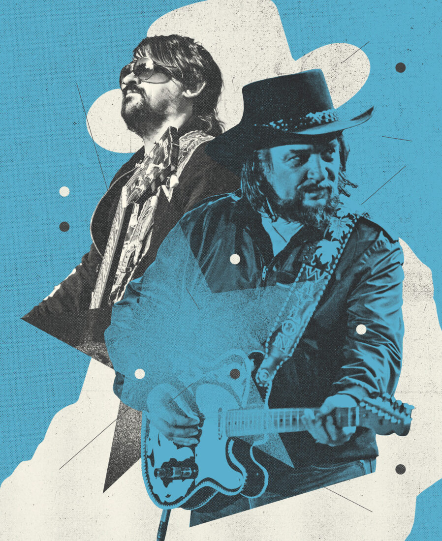 A photo illustration on white, black, and blue of two men