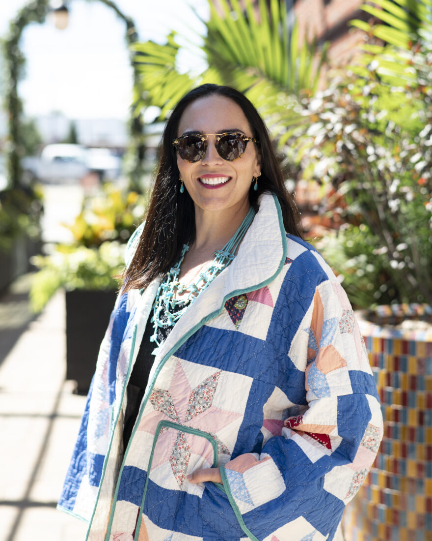 Paige Sidhom of DelRose, a vintage and antique quilt clothing and accessories company.