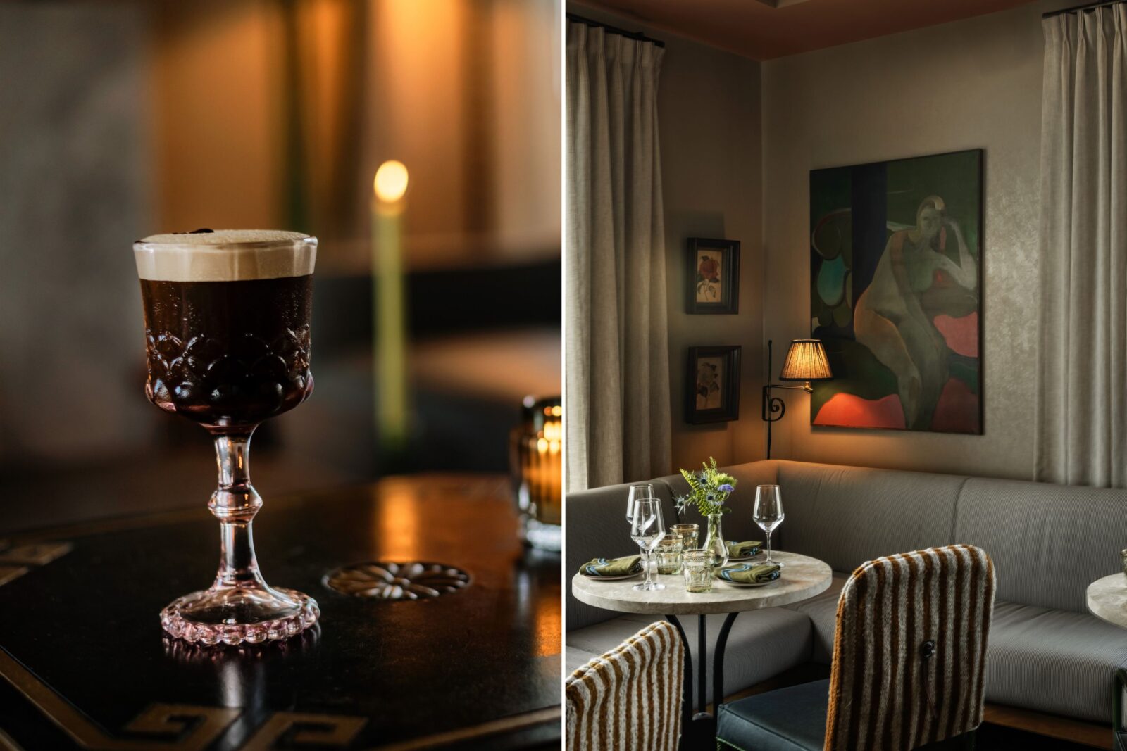 A collage with an espresso martini and a corner nook of a dining room