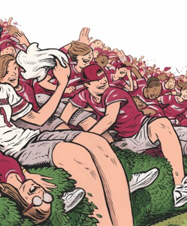 An illustration of people rushing a football field