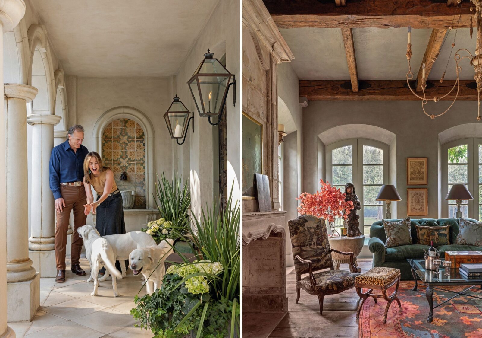 A couple outside with three yellow labs; a living room with antique furniture and colorful seating