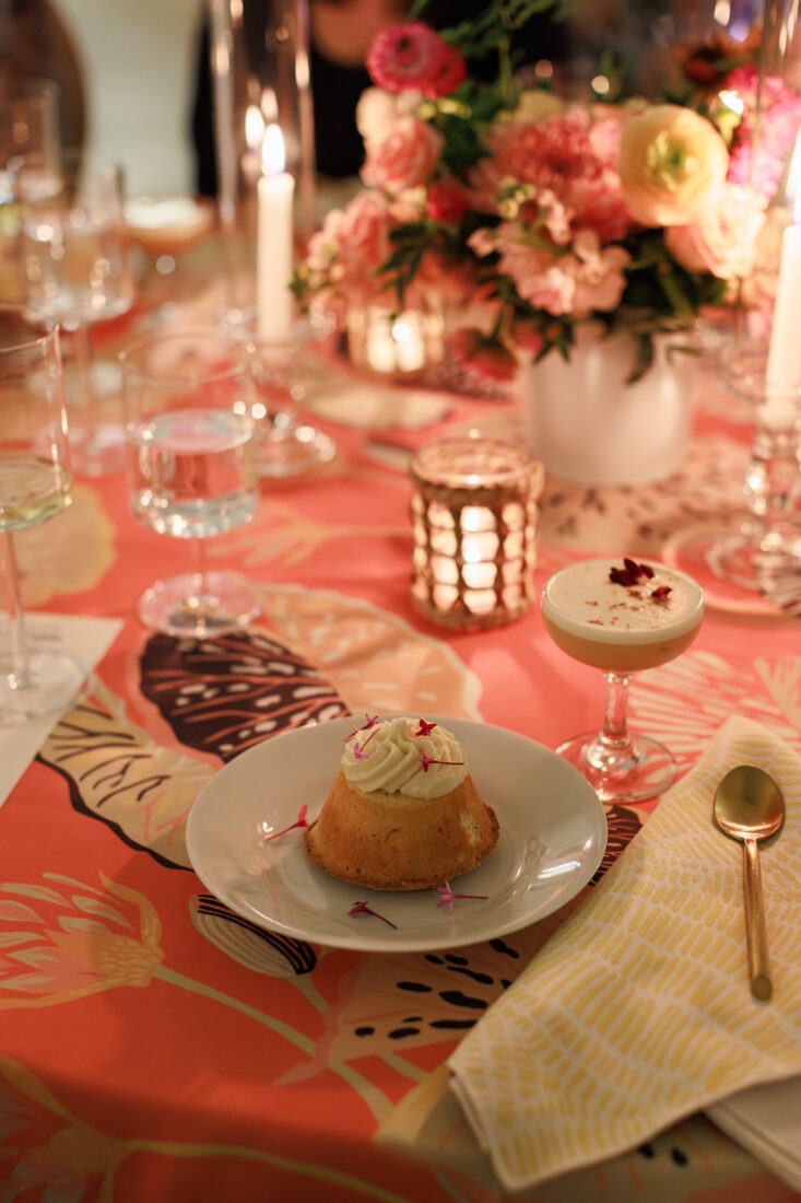 A sweet ending of sorghum angel cake with Meyer lemon curd and brown butter meringue paired with the “Cashew Later” cocktail, comprised of rum, pisco, house cashew orgeat, Cointreau, fresh pressed ginger, lime, pineapple, cinnamon, and sweet cashew foam.