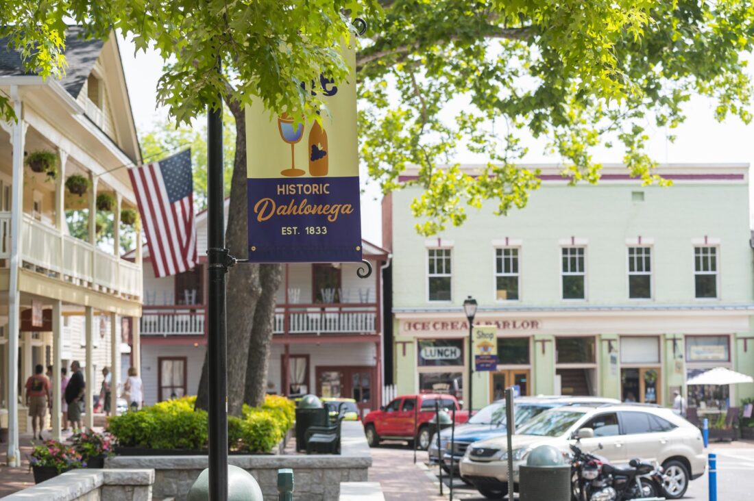 a picture of a flag in downtown Dahlonega, Georgia