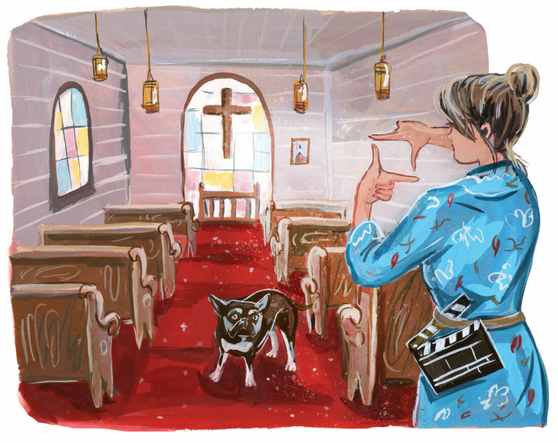 An illustration of a woman standing in a church and using her hands to frame a view. A dog stands in the middle