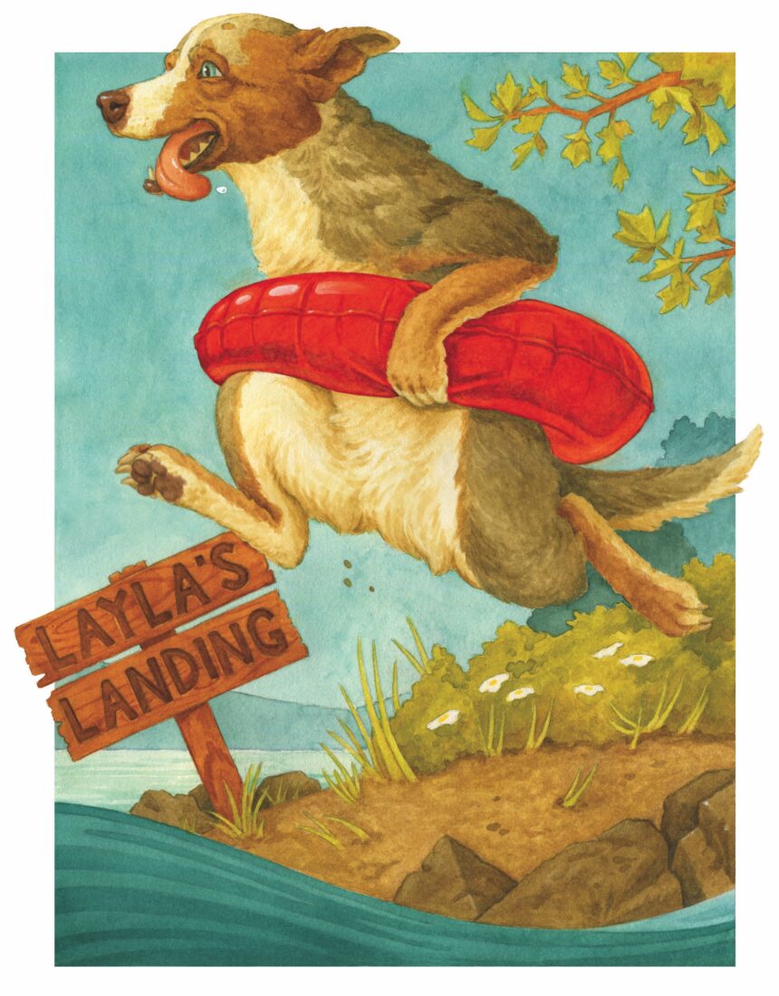 an illustration of a dog with a life buoy jumping into water