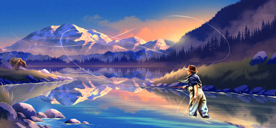 an illustration of a woman fishing in mountains