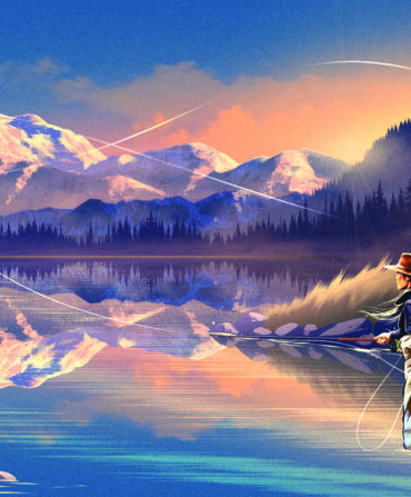 an illustration of a woman fishing in mountains