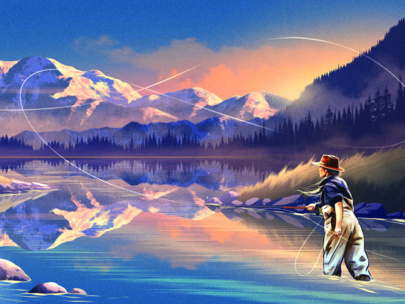 an illustration of a woman fishing in mountains