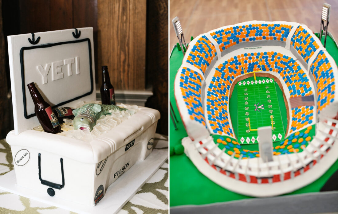 a yeti cooler cake and UVA stadium cake