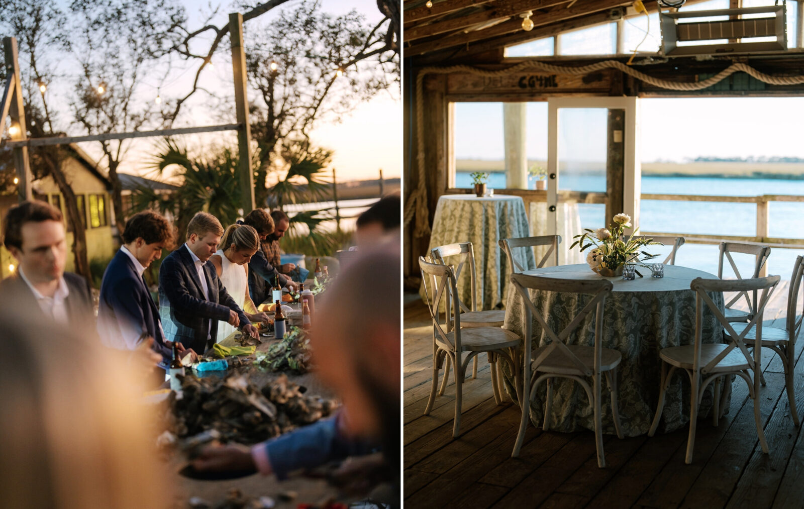 people shucking oysters; a table