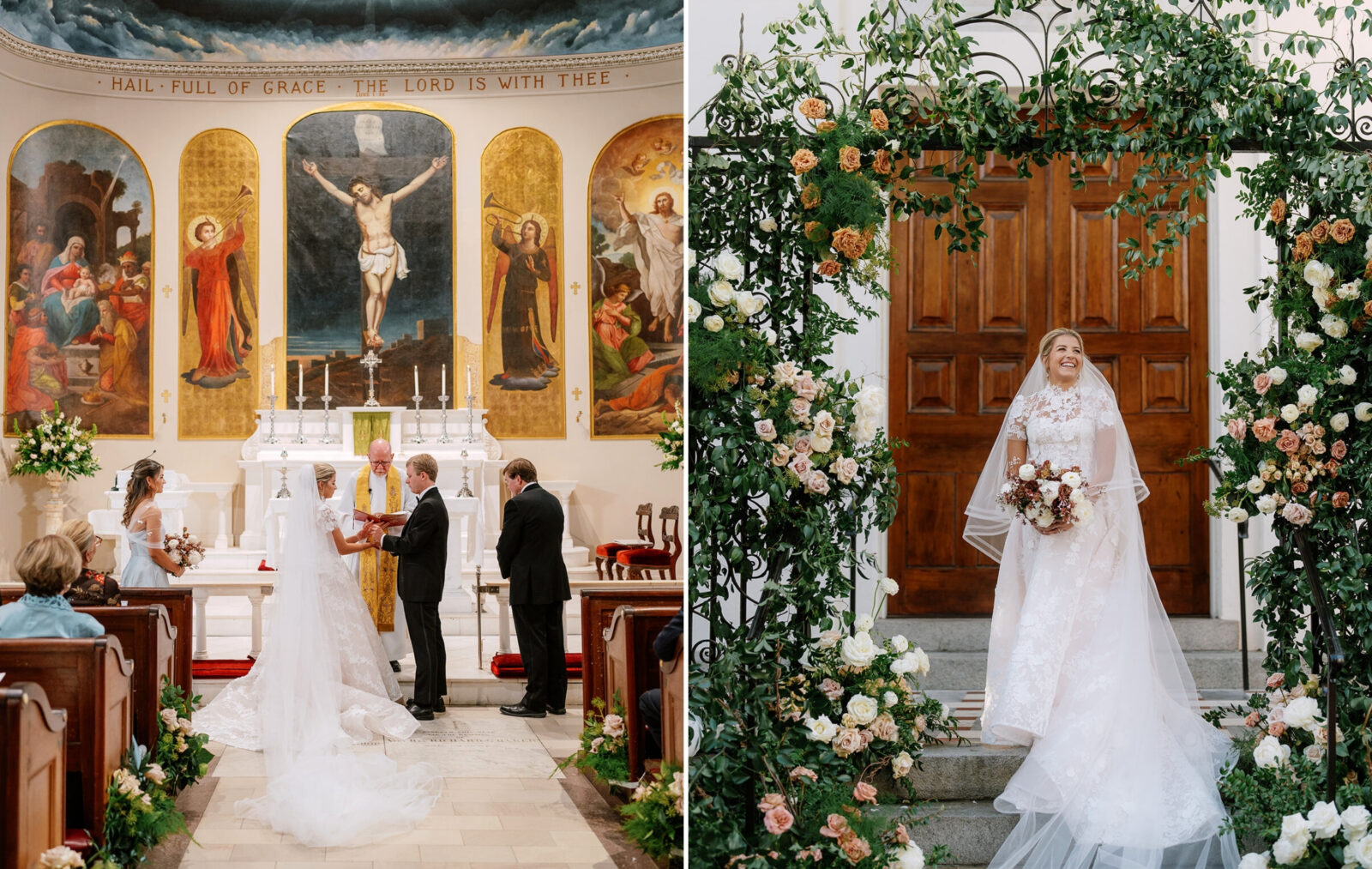 a bride and groom get married; a bride among flowers