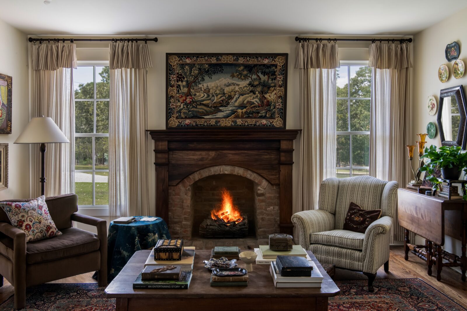a living room and fireplace