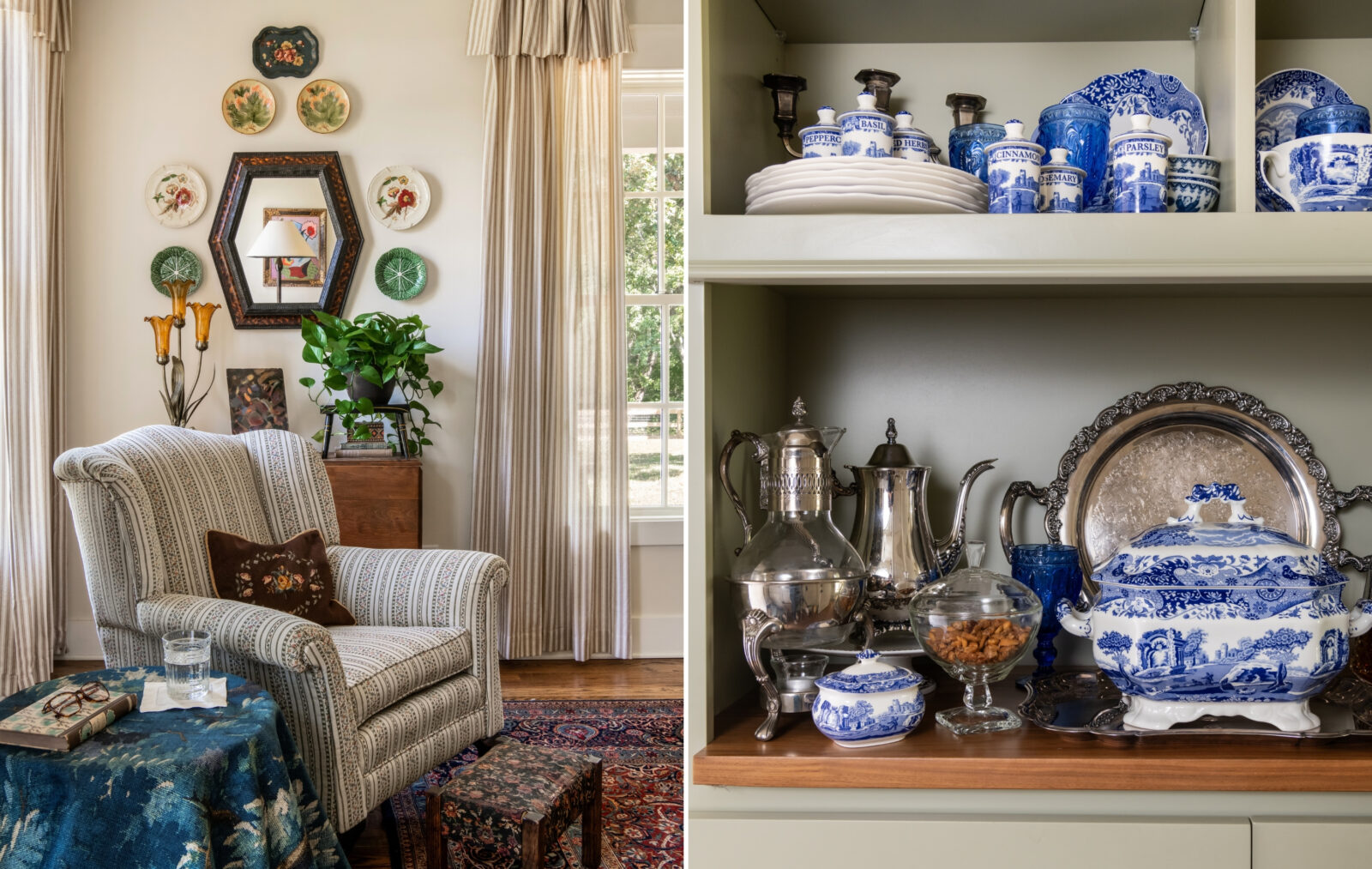 a chair with cabbage plates behind it; antique china