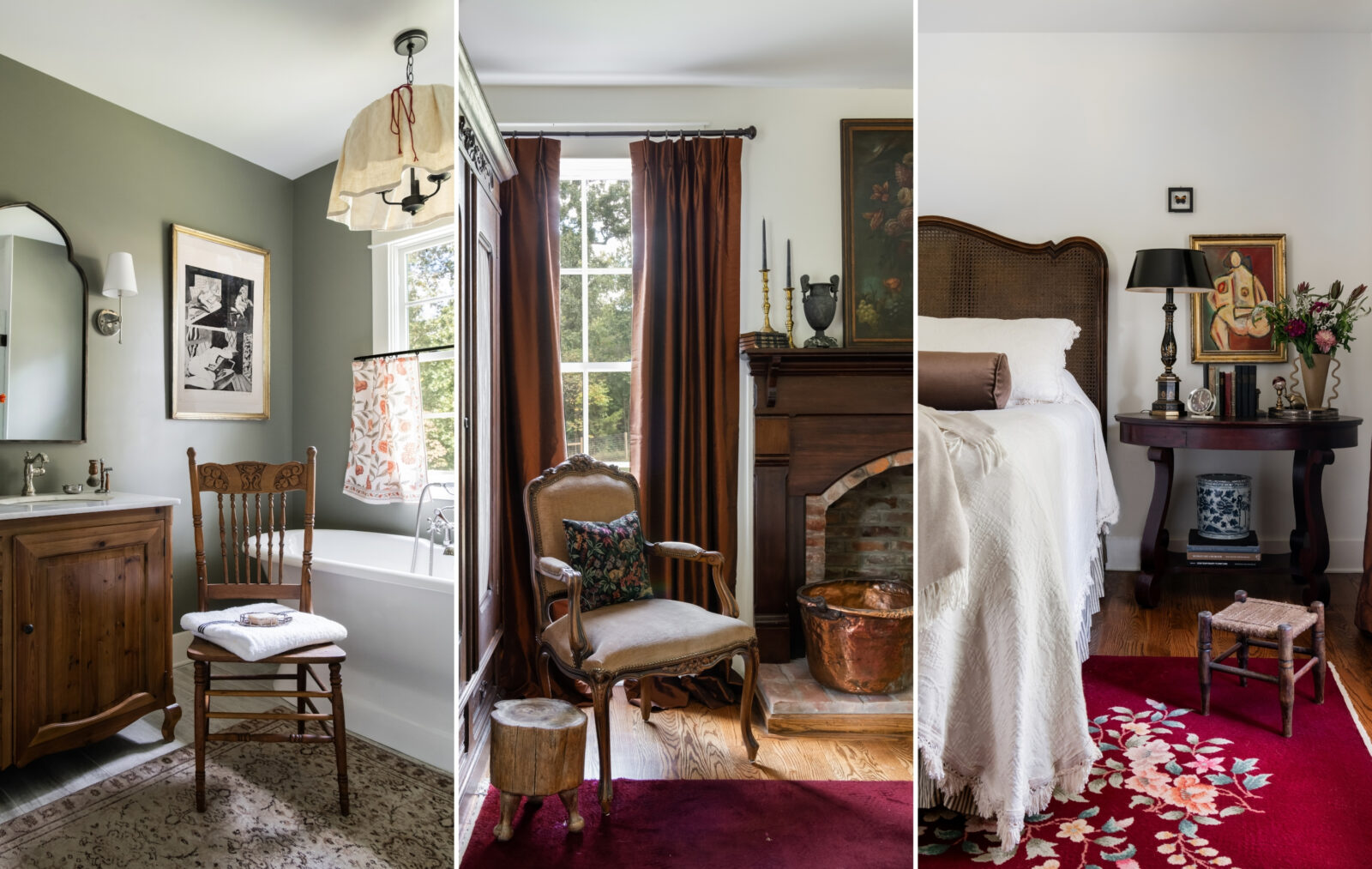 a bathroom, sitting area, and bed