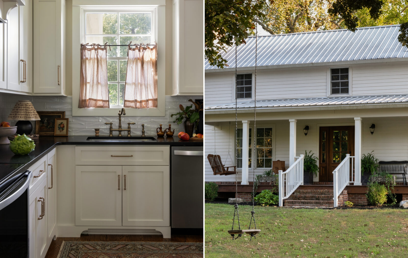 a kitchen; a farmhouse with a swing