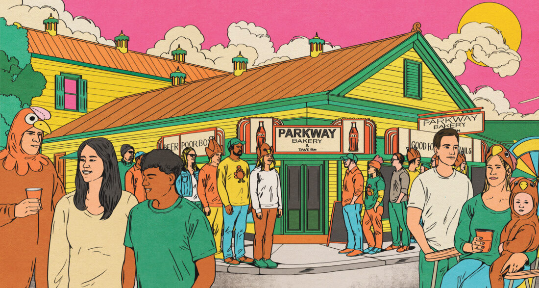 An illustration of people dressed in Thanksgiving turkey costumes waiting in line at a restaurant