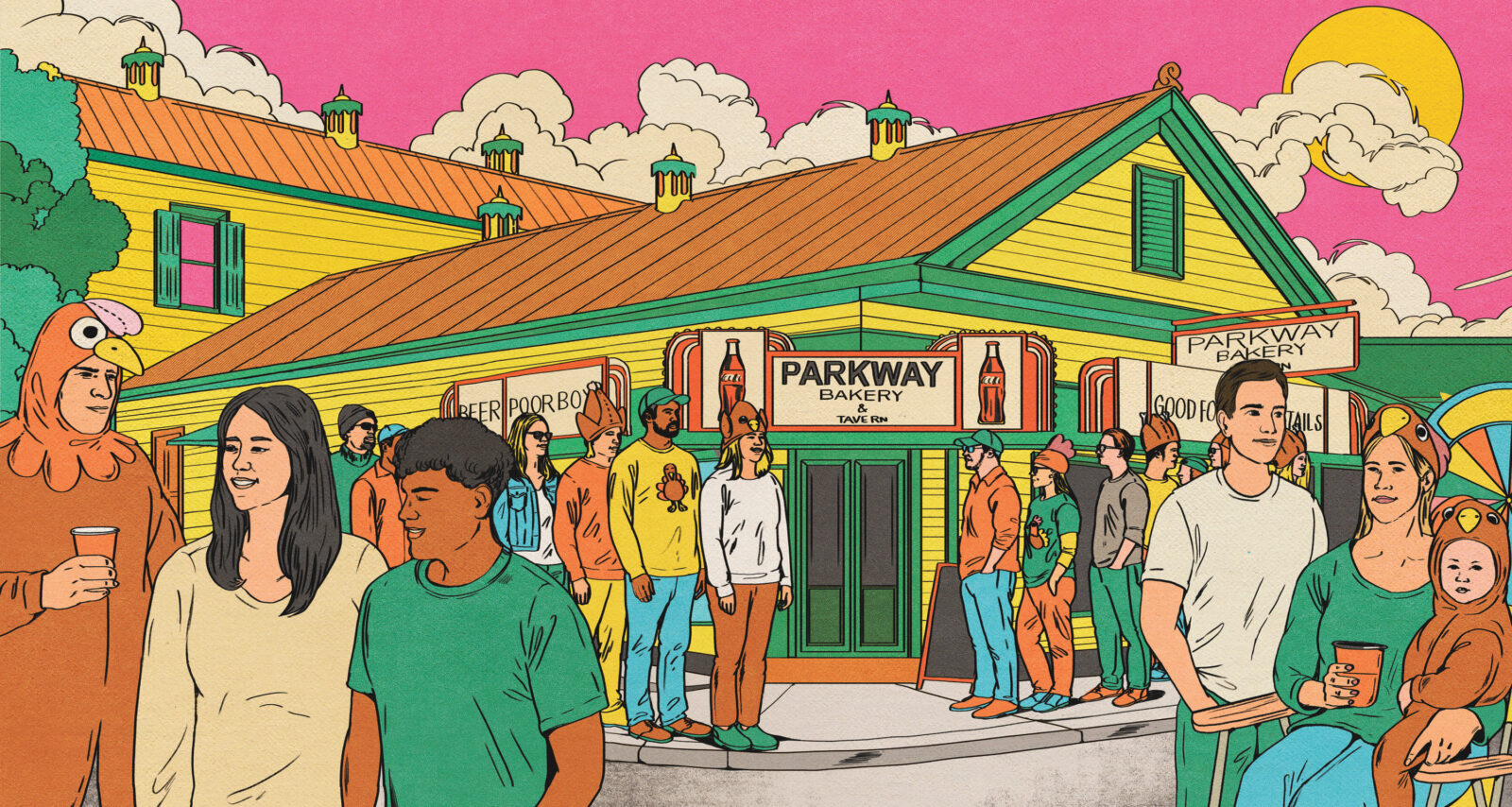 An illustration of people dressed in Thanksgiving turkey costumes waiting in line at a restaurant