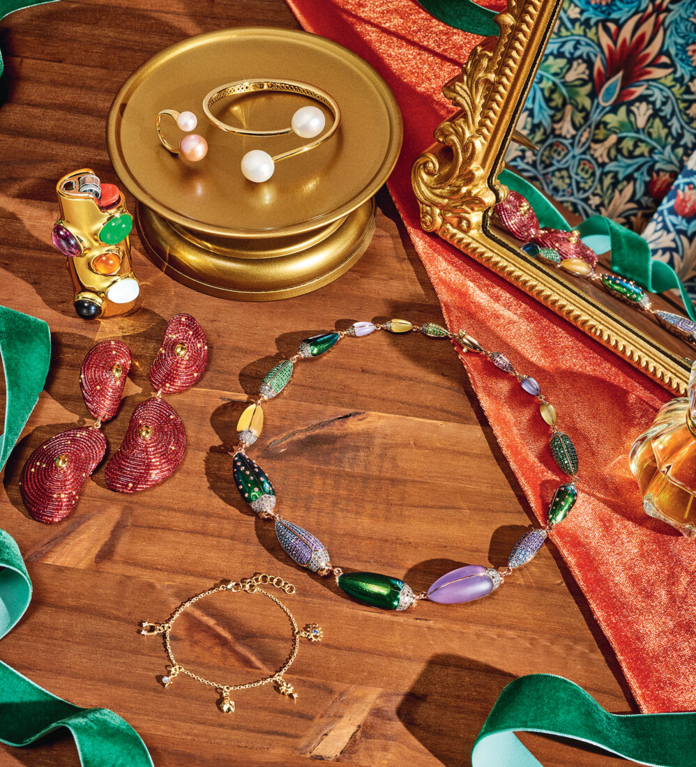 A spread of earrings and bracelets