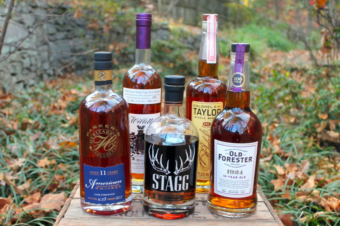 A collection of bourbon bottles