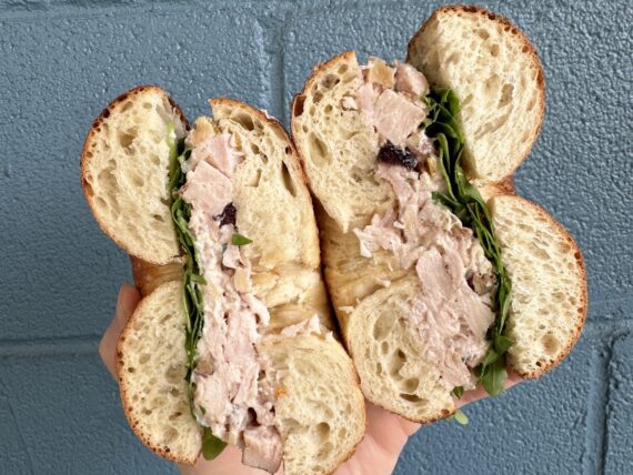 A turkey salad sandwich