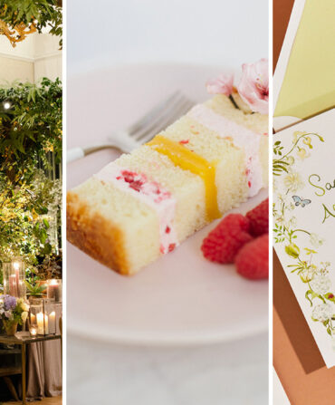 Three images, one of a table setting in a garden, one of a slice of wedding cake, and one of an invitation