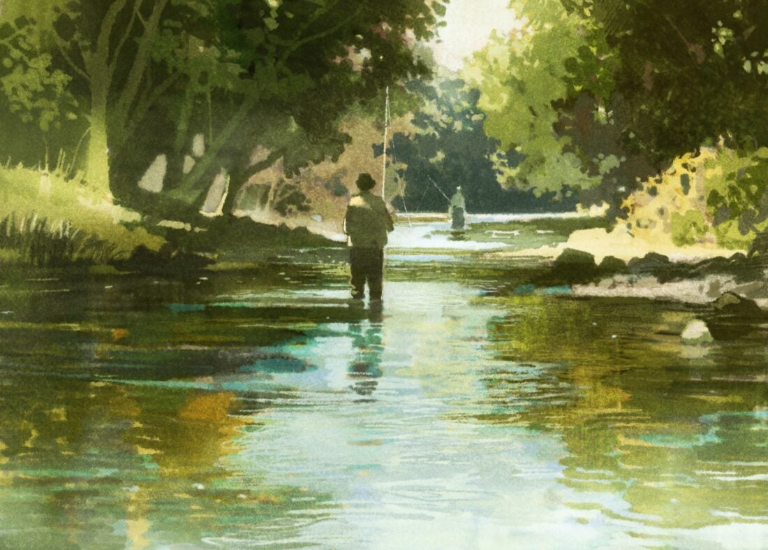 A watercolor painting of a man standing in a stream, fishing