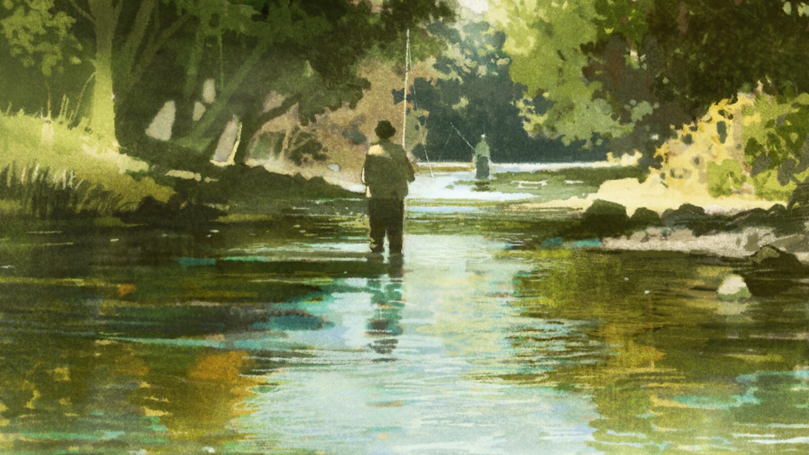 A watercolor painting of a man standing in a stream, fishing