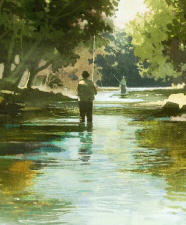 A watercolor painting of a man standing in a stream, fishing