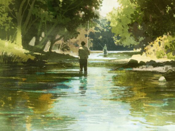 A watercolor painting of a man standing in a stream, fishing