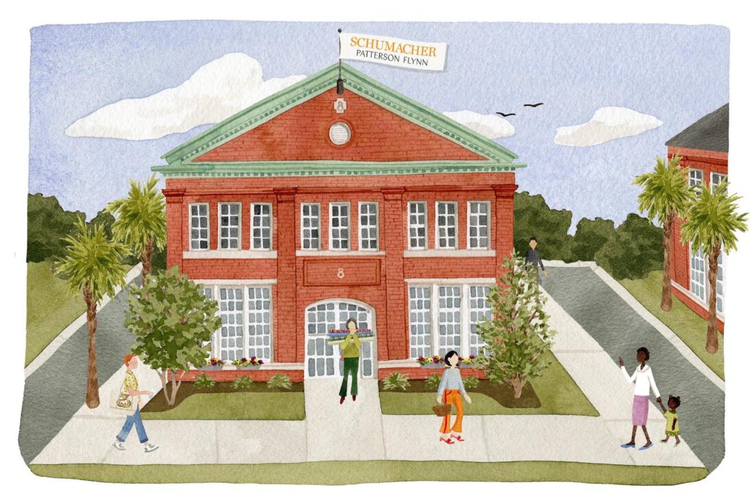 An illustration of a building with people outside