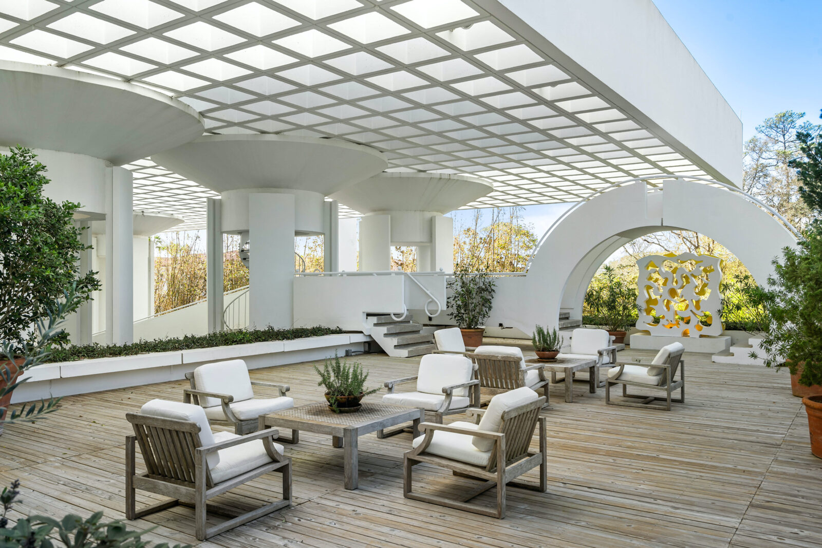 A terrace of a house with wood floors
