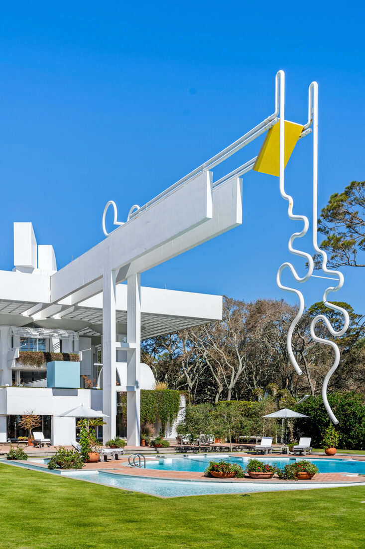 A coastal garden with modern sculptures