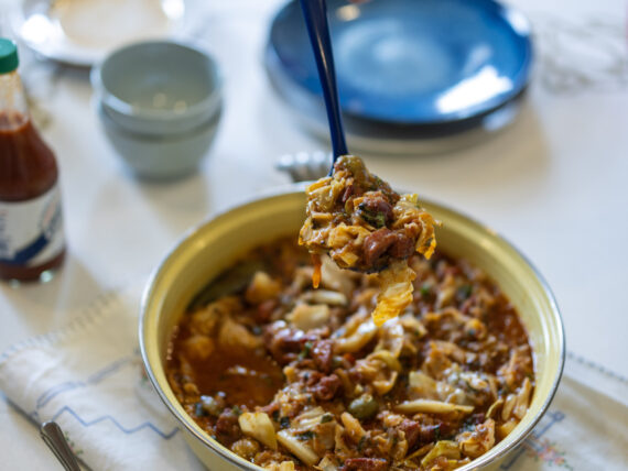 A bowl of smothered cabbage.