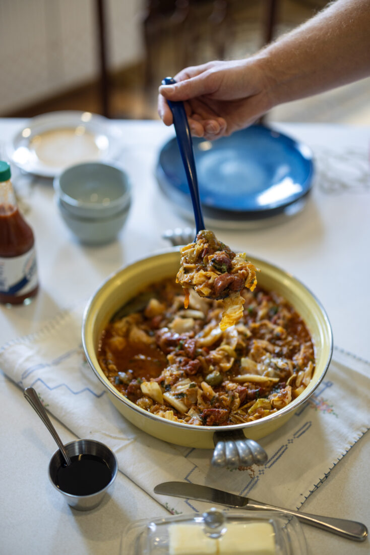 A bowl of smothered cabbage.