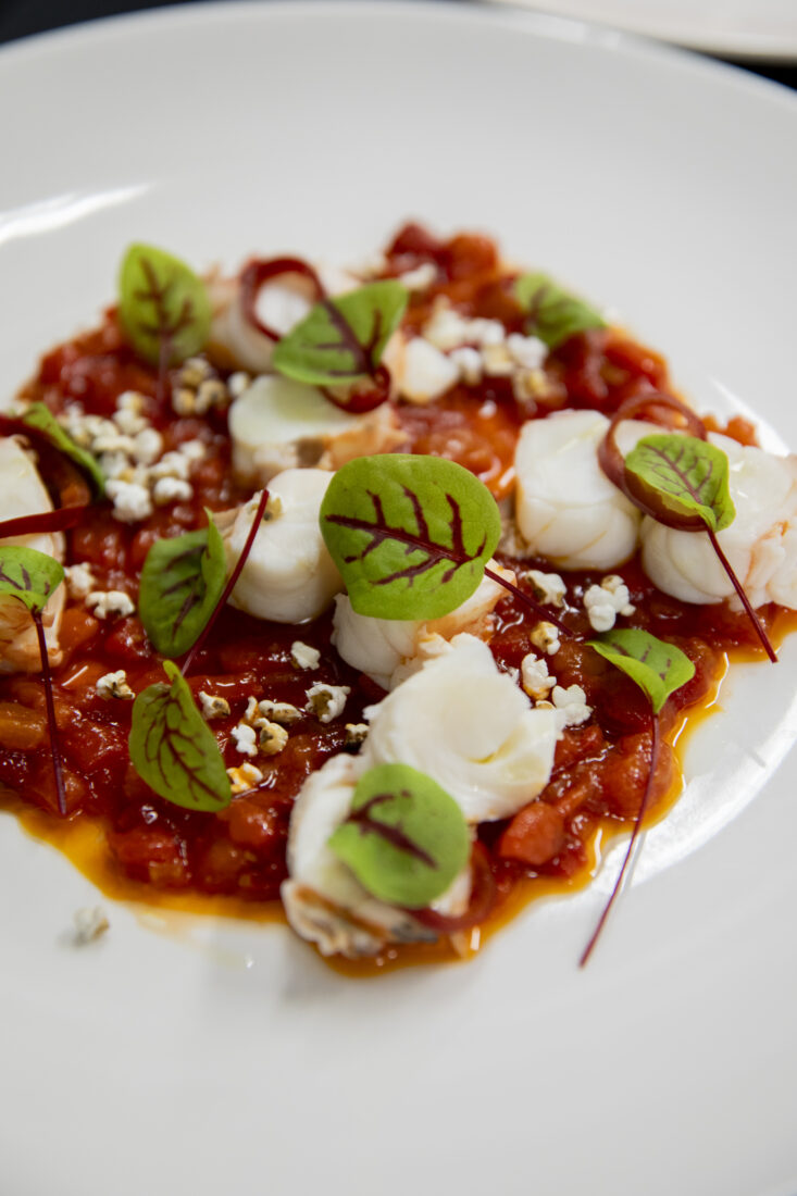 A starter course of grilled spiny lobster with red pepper agrodolce, island greens, and puffed sorghum.